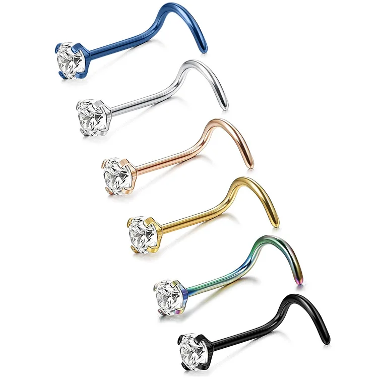 

Wholesale 316L Surgical Steel CZ Inlaid Nose Ring Studs L Shaped Nose Screw Piercing Body Jewelry, Color as shown;accept custom color
