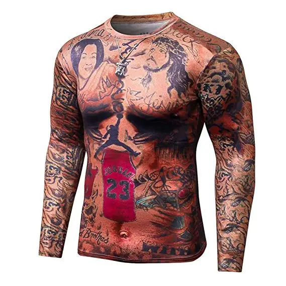 

Men's Novelty Cycling Compression Top Long Sleeve Shirt Tattoo Pattern Fall Gear, Black/red