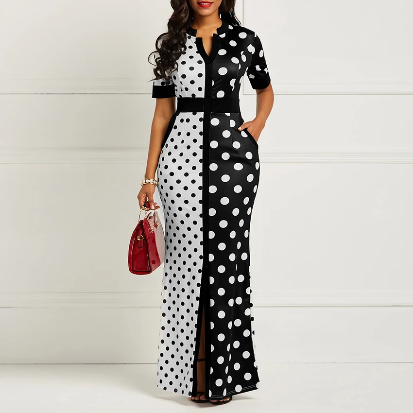 

African sexy dress Vintage Polka Dot White Black Printed Retro Bodycon ladies dress Summer Short Sleeve bridal gowns