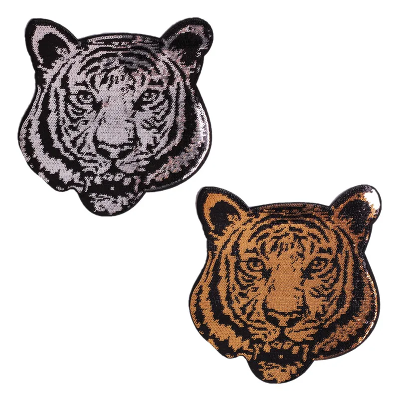 

Big size gold and silver sequined tiger head iron on patch applique PE228