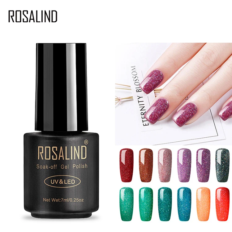 

Rosalind wholesale hot selling custom logo 7ml glitter rainbow color uv gel polish soak off gel nail polish with 29 colors