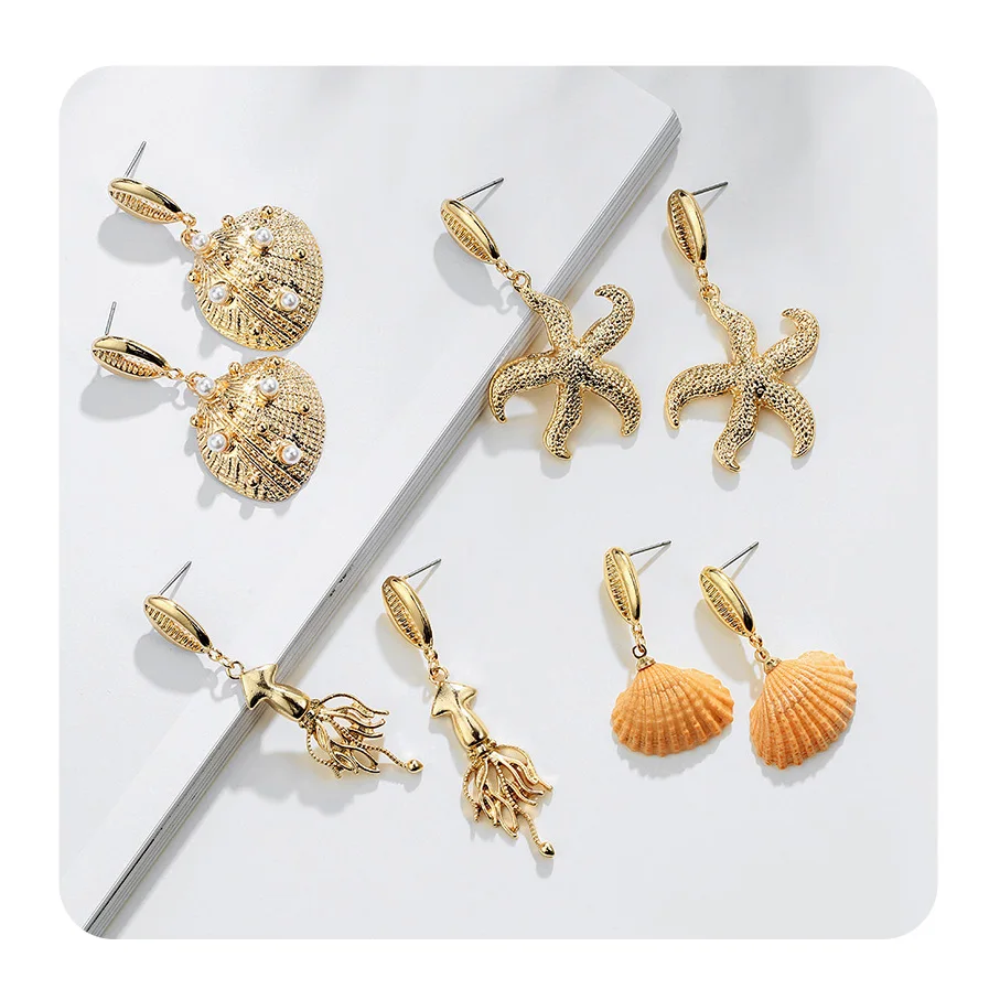 

2019 Bohemian Seashell Designs Jewelry Gold Sea Starfish Cowrie Shell Earrings For Women