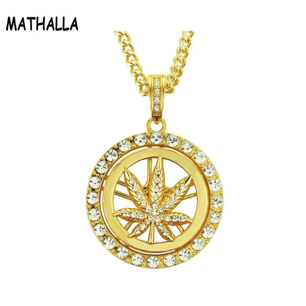 

Newest Maple Leaf Turntable Pendant With Crystal Rhinestone Men's Spinner Charm Necklace Gold Hiphop Jewelry, Gold;silver