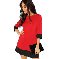 

Red Contrast Trim Tunic Dress Workwear Colorblock 3/4 Sleeve Short Dresses Women Autumn Elegant Straight Mini Dresses