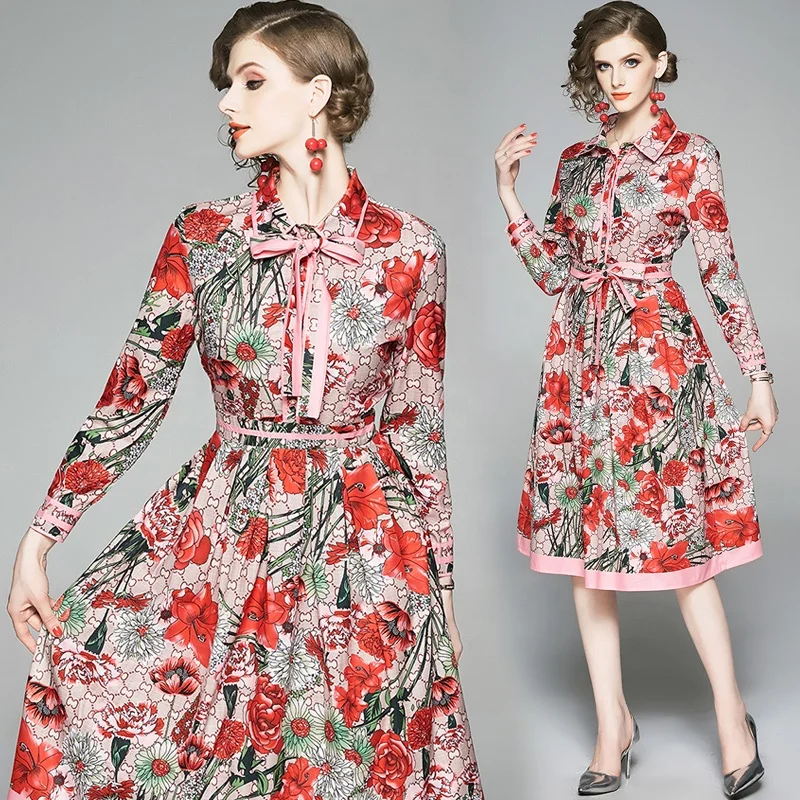 2019 European Designer Fashion Print Floral Casual Clothes Party Elegant Midi Woman Dress