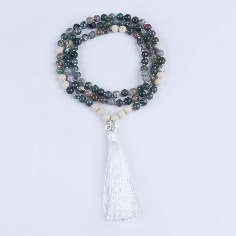 

Moss Agate with Moss Opal natural 108 beads mala necklace, Multicolor