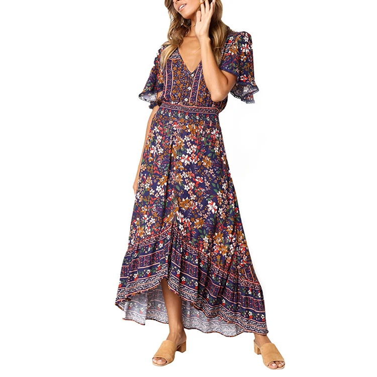 

Charming Women Summer Dress Floral Print Boho V Neck Dress, Blue