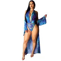 

Women's Sexy V-Neck Split Floral Print Maxi Long Beach Dress Ponchos Cover Ups+One-Piece Bikini Swimsuits Swimwear
