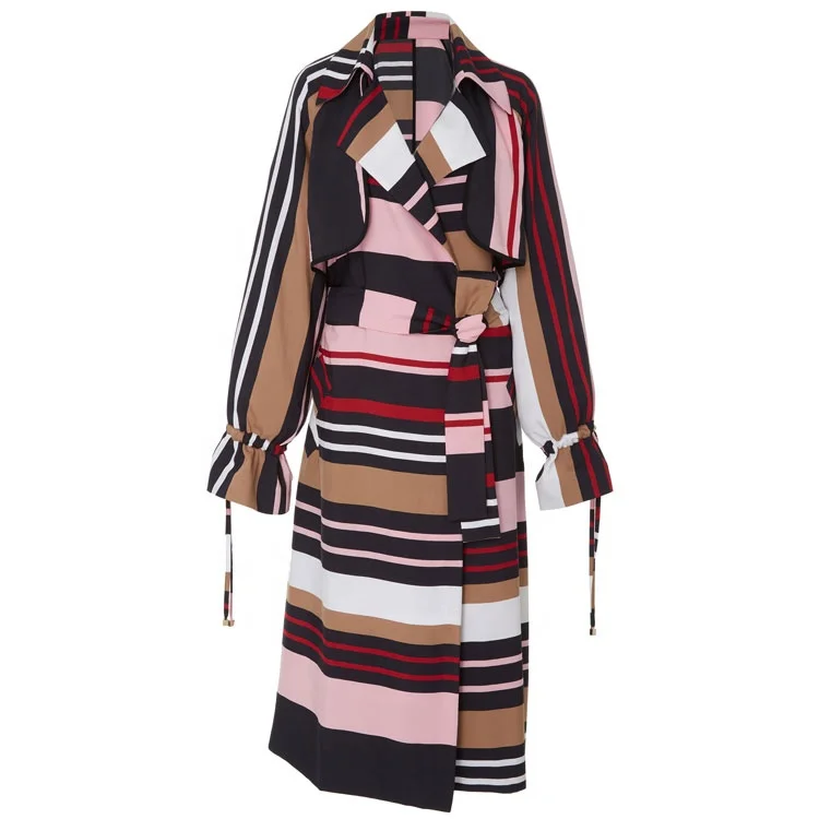 Tailored Collar Patchwork Contrast Color Lace-Up Long Women'S Winter Printed Coat