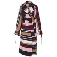 

Tailored Collar Patchwork Contrast Color Lace-Up Long Women'S Winter Printed Coat