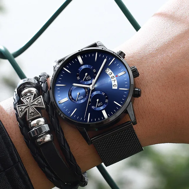 

2019 New Fashion Hot Mens Three-eye multi-function Date Watch Star Sky Dial Women Bracelet Mesh Wristwatches, 2 colors
