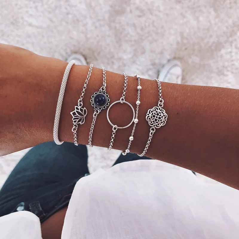 

6pcs/set Vintage Simple Silver Color Lotus Bracelet for Women Flower Chain Beaded Bracelets Bangles Sets Boho Jewelry, N/a