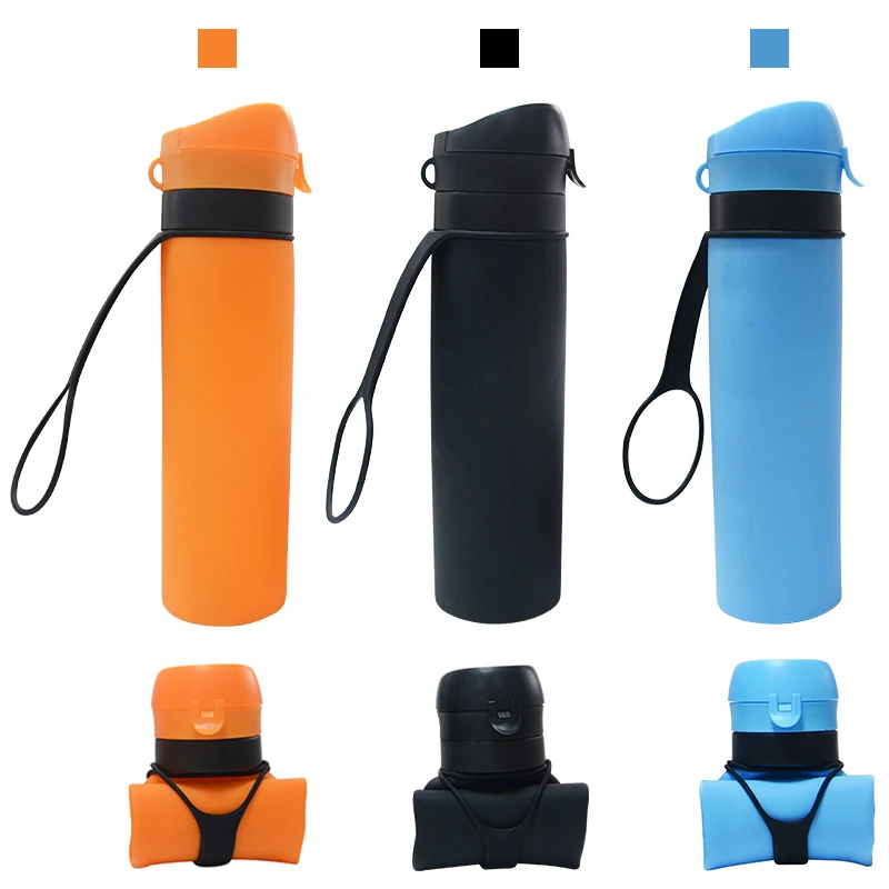 

Wholesale 600ml/16oz sports water bottles fitness drinking water bottle Silicone Foldable collapsible Bottle custom logo, All colors are avaliable;custom as panton