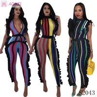 

S2043 Summer casual sleeveless stringy selvedge striped one piece jumpsuit