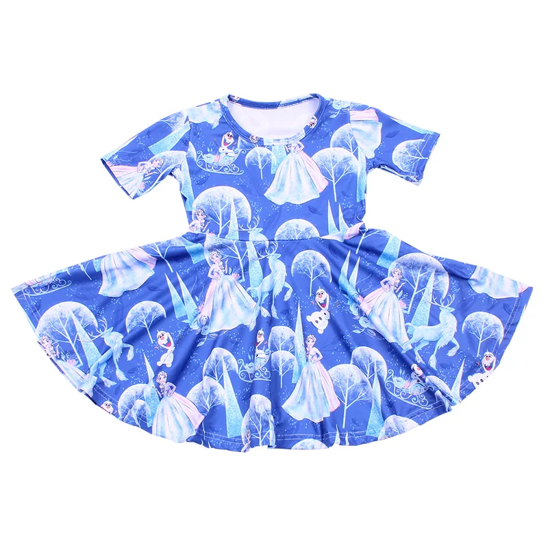 

New arrival baby girls clothing nice blue printed twirl dress for toddler children milk silk frock design picture yiwu qiqi OEM