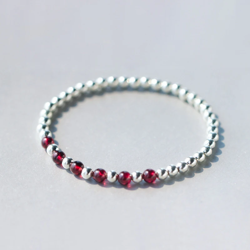 

Genuine Silver Bracelet for Women Girl Female Strand Natural Garnet Round Beads Bracelet Jewelry Gift