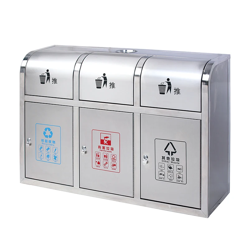 

Hotel sales with best price 3 compartments waste bin Stainless steel recycling garbage trash bin for outdoor, Siver