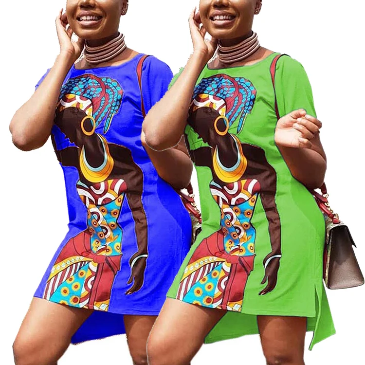 

New Style Mini Printed Short Sleeve Printed Traditional African Dashiki Dress, As show