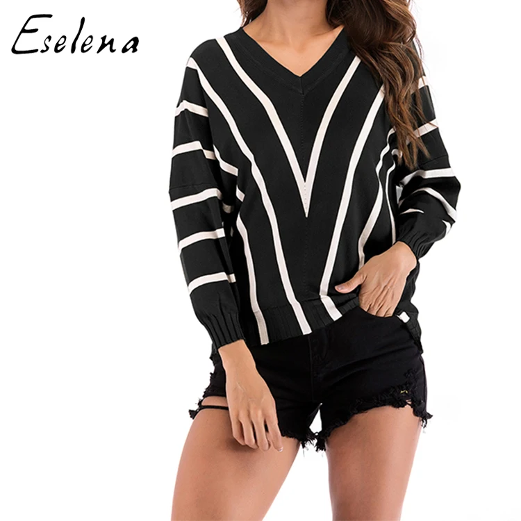 

Wholesale Striped Knit Sweatshirt Latest Fashion Design V-Neck Women spring Blouse