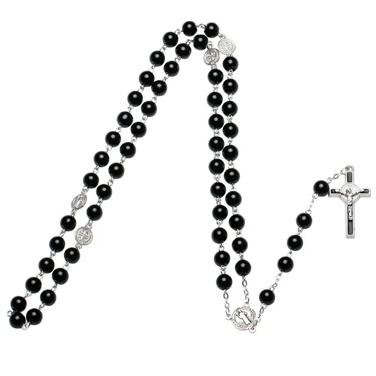 

Fashion Chic Unisex Long Black Onyx Pearl Chain Catholic Jewelry Crucifix Cross Rosary Necklace with Glass bead, As picture