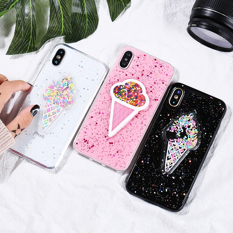 

3D Dynamic Ice Cream girl Phone Case For iphone X Case Fashion Glitter powder Bling Back Cover Lovely Cases For iphoneX Capa