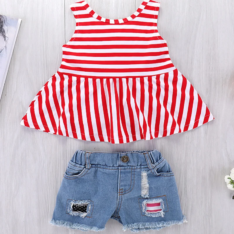 

Kids Girl Summer Clothing White/Red Striped Ruffle Tank Top and Distressed Jean Shorts 2 pieces Outfit Toddler Summer Set, Red white blue