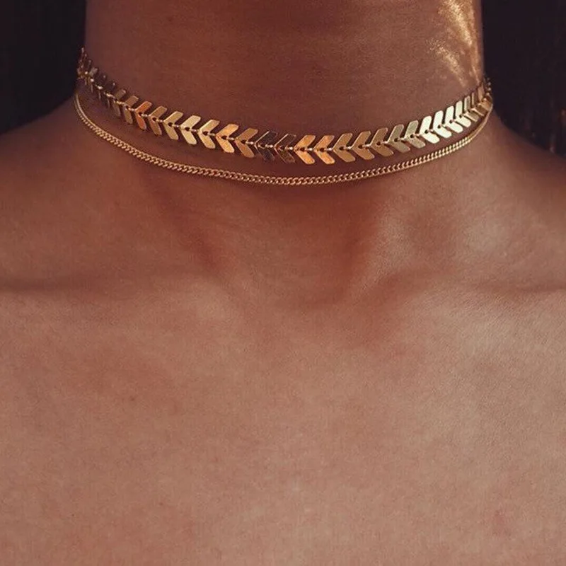 

New Chain Choker Two Layers Necklaces Fishbone Airplane Shape Gold Silver Necklace Flat body Chain jewelry