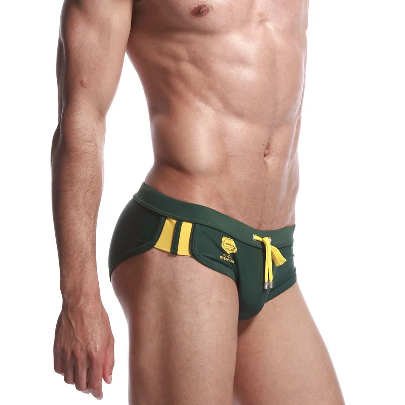 

Wholesale Sexy Low Waist U Pouch Stretch Side Patchwork Nylon Seal Letters Printed Bikini Swim Brief Suit Shorts Men