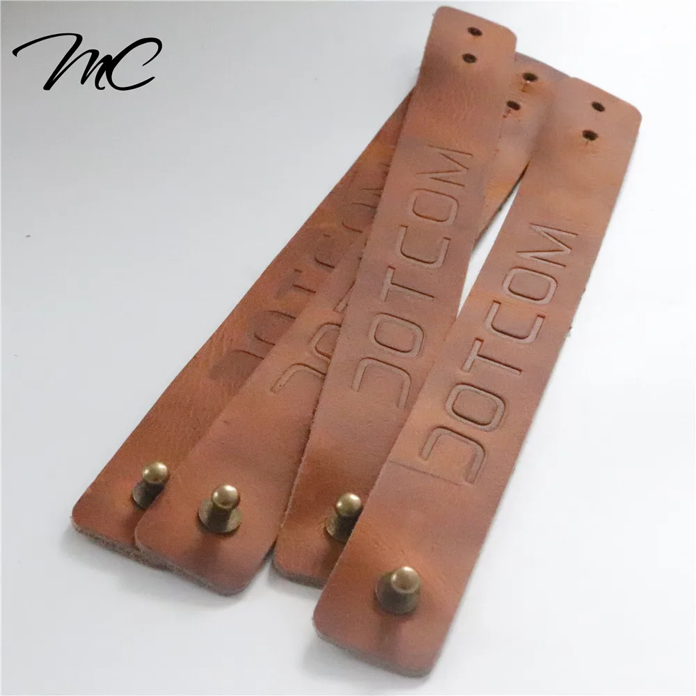 

High Quality Custom Embossed Real PU Leather Patch Strap With Brass Rivets For Belt/Garment/Jean Label Tag, Custom color