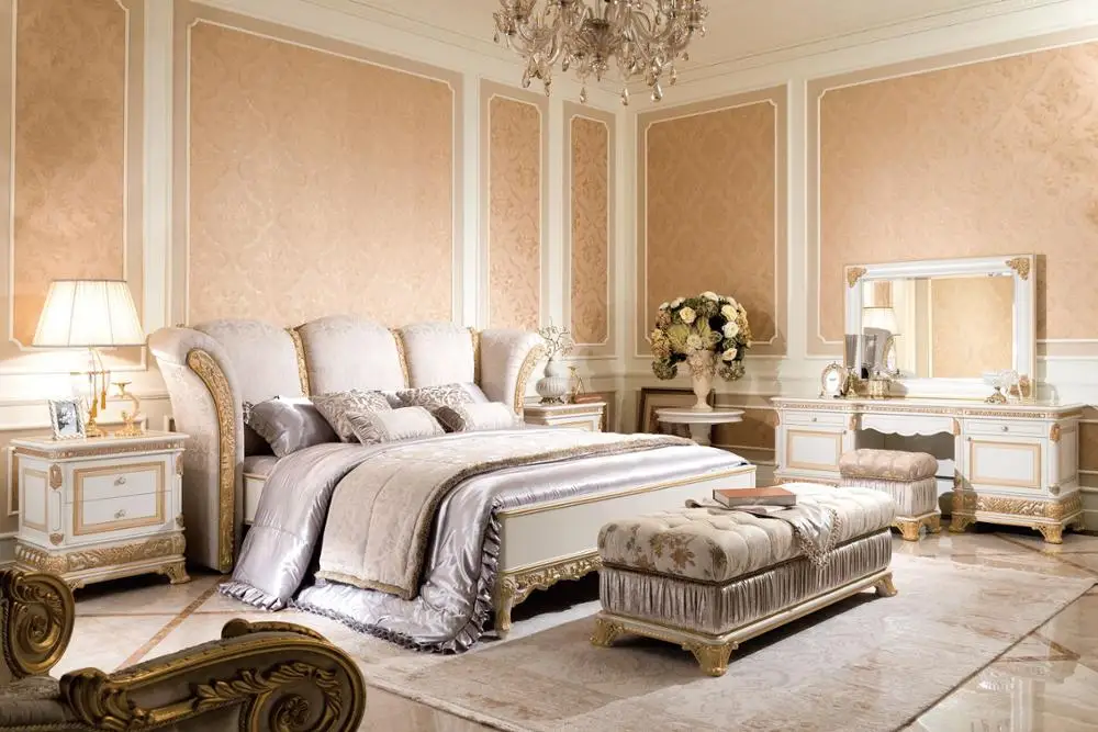 
0066 European white and gold bedroom set, delicate wood carved bed 