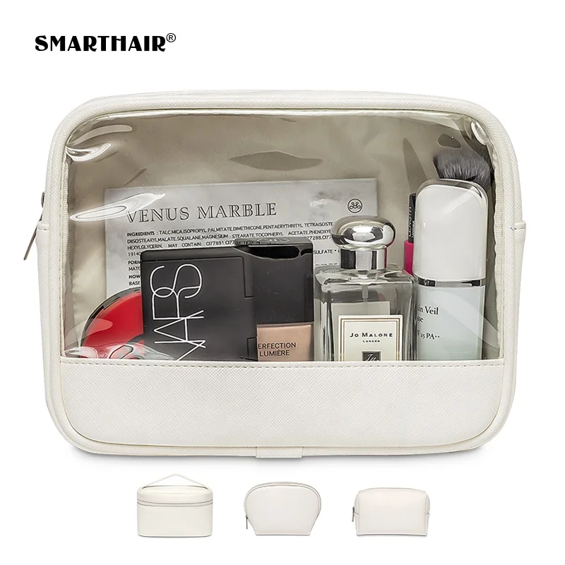 
Custom Printed Transparent Makeup PU PVC Bag Color Half White Clear Cosmetic Bag EVA Travel Pouch Make Up OEM Waterproof Bag 