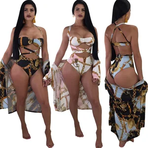 SAS3326 summer swimwear tankinis and cover up kaftan sexy women plus size three piece printed bikini set 2
