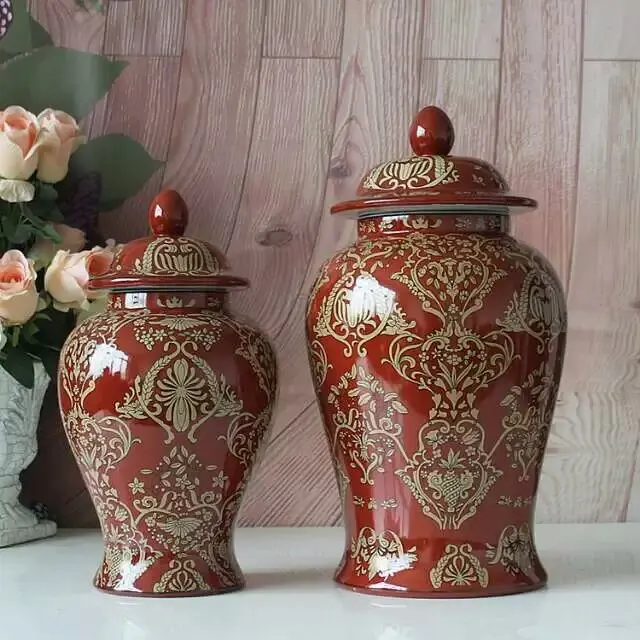 

Factory direct new item hand paint red glazed gold pattern interior design decorating ceramic temple jar