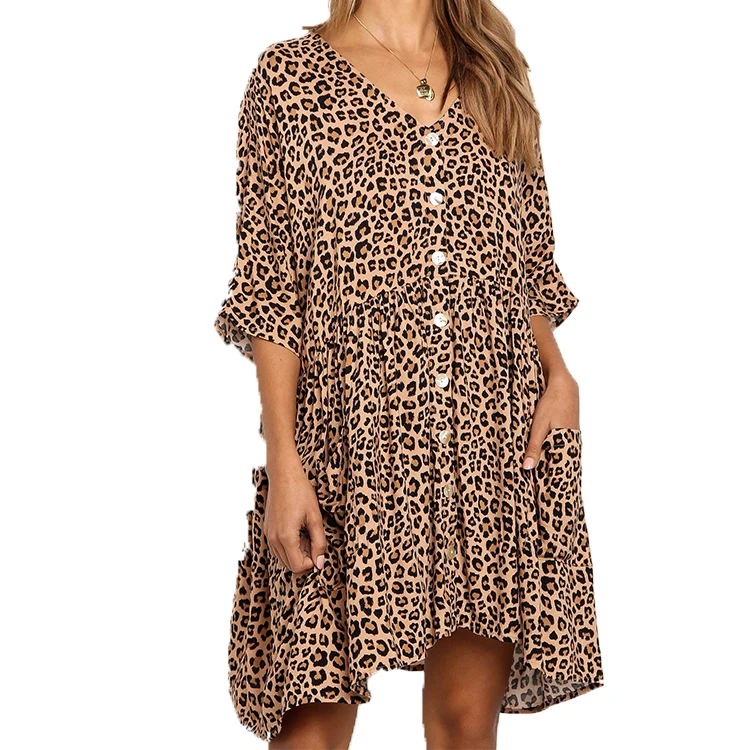 

Sexy Short Sleeves Leopard Printed V-Neckline Women Mini Dress