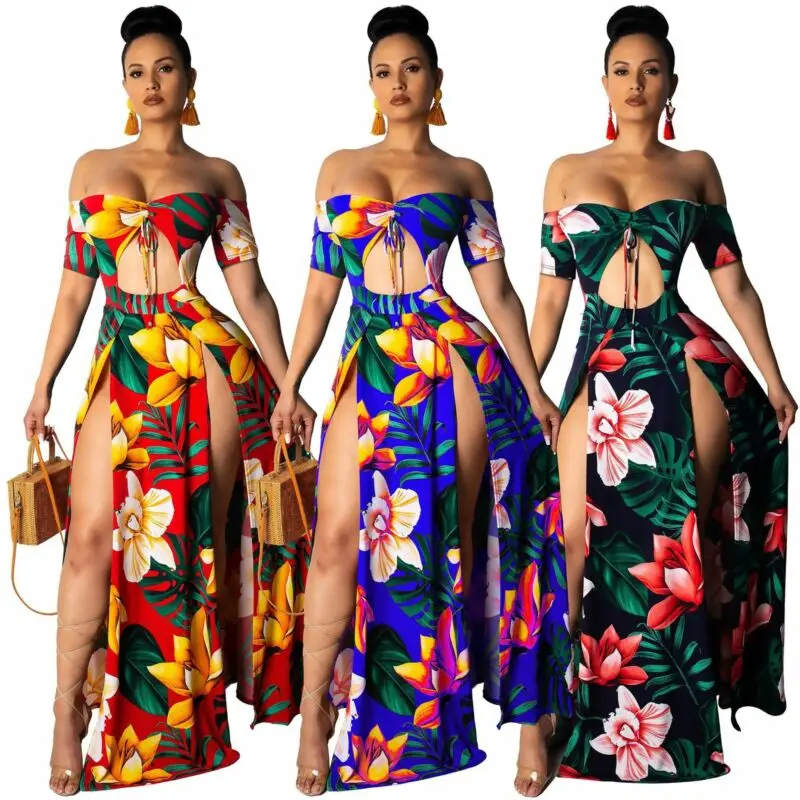 

Boho Beachwear Women Floral Off Shoulder Crop High Slit Maxi Long Dress