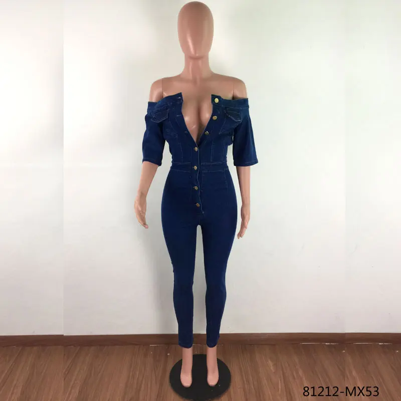 
81212-MX53 2019 new arrivals off shoulder denim jumpsuit one piece women clothing 