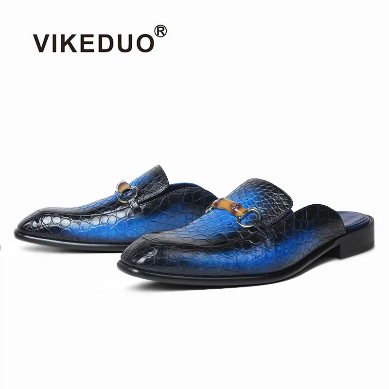 

Vikeduo Hand Made New Model Collective Vintage Authentic Crocodile Slipper Man Leather Designer Slides Shoes, Blue