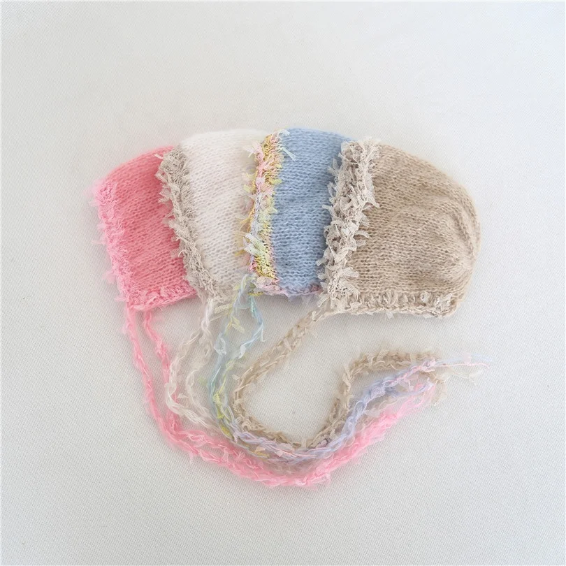 

Baby Boy Girl Cap Photography Props Infant Lace Trim Bonnet Multi Color Crochet Mohair Bonnet Newborn Knit Hat, Multiple color