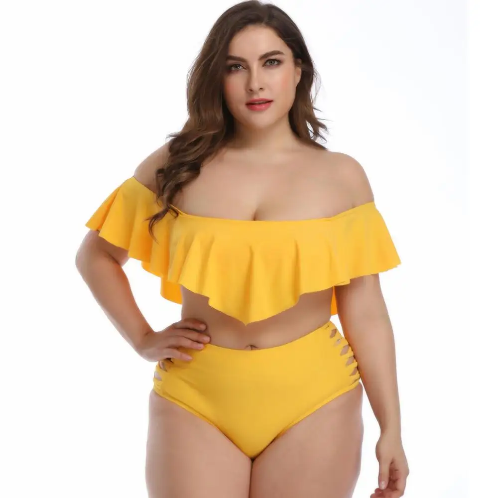 

Woman Plus Size Swimwear Two Piece Ruffle Off Shoulder Bikini Top with High Waisted Swimsuit