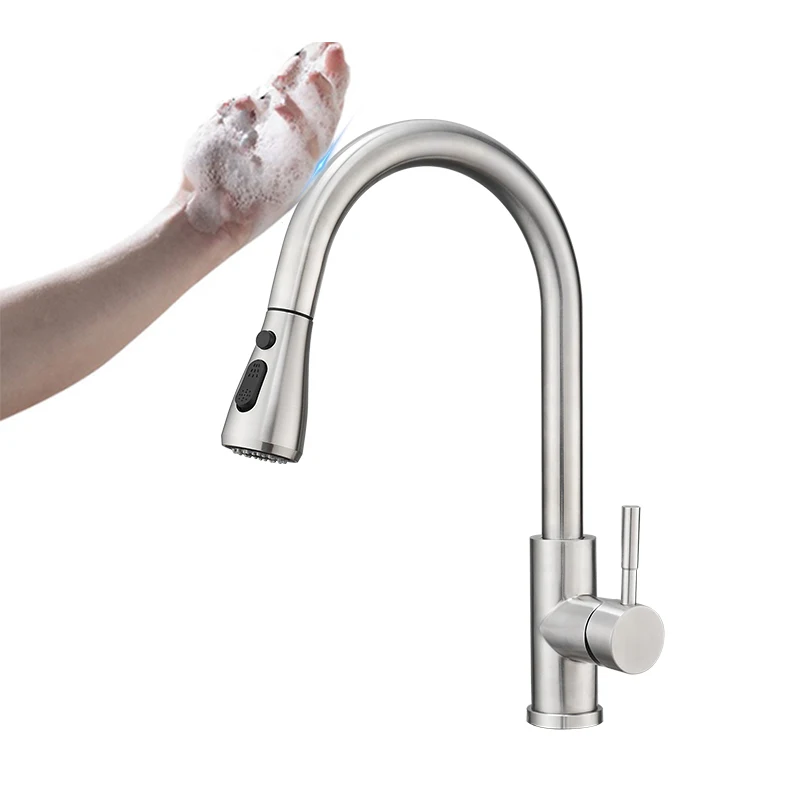 

High quality nickle brushed 304 stainless steel one touch on kitchen faucet pull out touch sensor water sink faucets tap