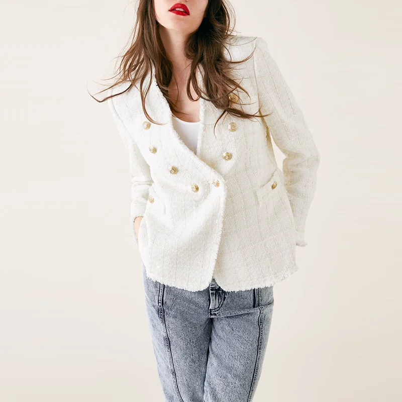 2019 Autumn New Style White Tweed V Neck Jacket Women