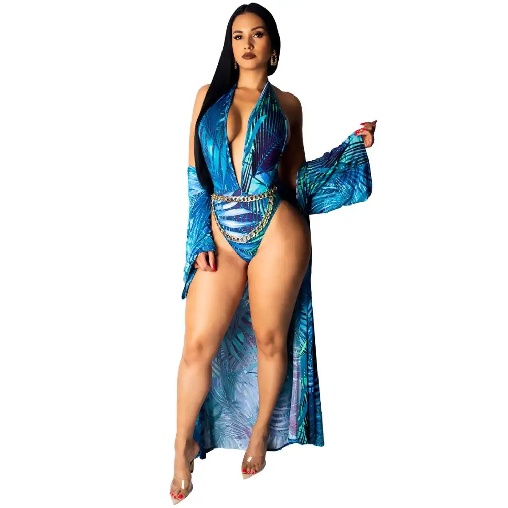 

2019 Hot sale sexy print deep V open one piece swimwear with cover up
