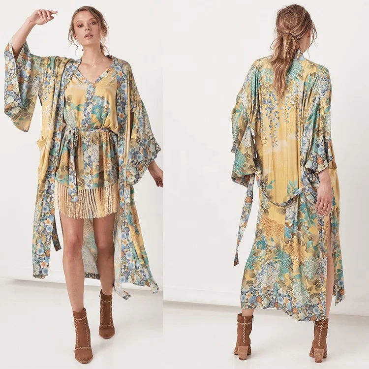 

Wholesale fashion loose long bandage dress V-neck women floral kimono cardigan, Oem women floral kimono cardigan
