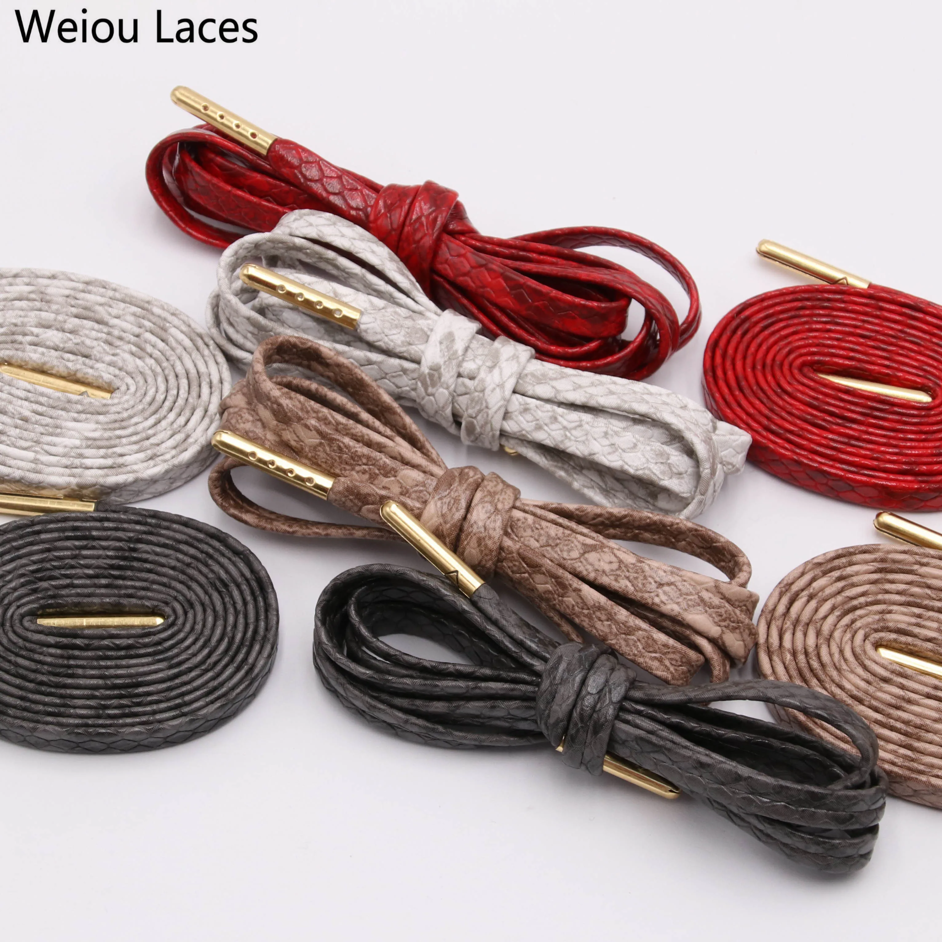 

Weiou EXCLUSIVE Brand New 7mm Flat Snakeskin Leather LE Custom Shoelaces unisex fashion Luxury boot shoe laces, White grey red