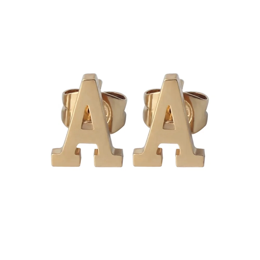

High Quality 18K Gold Plated Custom Name Alphabet Letter A-Z Initial Earring Studs Girls, Gold;rose gold;steel