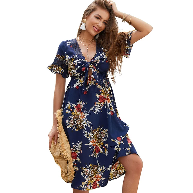 

Wholesale Hot Sale V Neck Floral Printed Summer Beach Dress 2019 Women Casual Dresses, Photo shown