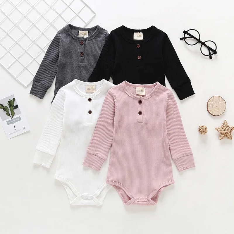 

Wholesale Baby Clothes Long-sleeved Solid Color Baby Jumpsuit Ribbed Newborn Romper With Snap, N/a