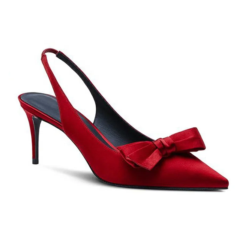 

Summer Female Red Silk Bowknot Stilettos Fashionable Pointy Shoes Heel Sandals Wedding heel