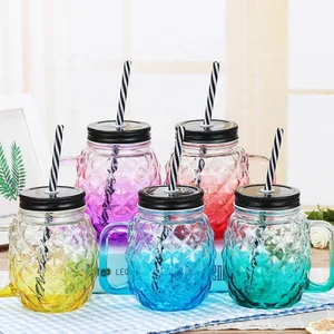 Image of Reusable colored custom clear transparent glass drink water cup with straw