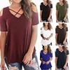 Tshirt Women Summrt Sexy Off Shoulder Cross V-Neck T-shirt Casual Loose Basic Shirt Short Sleeve Tops Tees Solid Camisa Feminina
